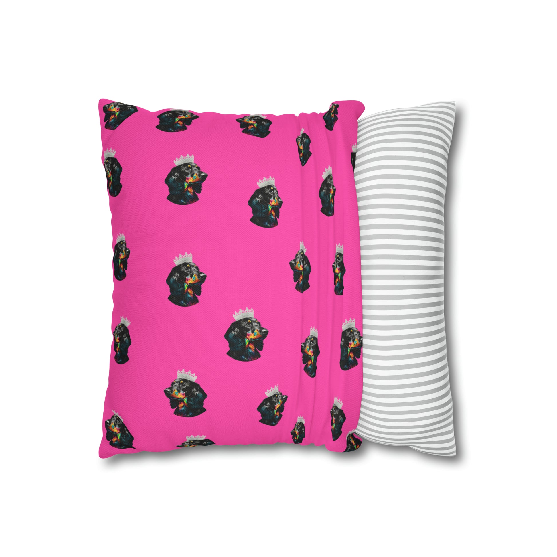 A whimsical cushion cover featuring a princess Dachshund in regal attire on a pink background, perfect for adding a touch of canine royalty to your home decor.