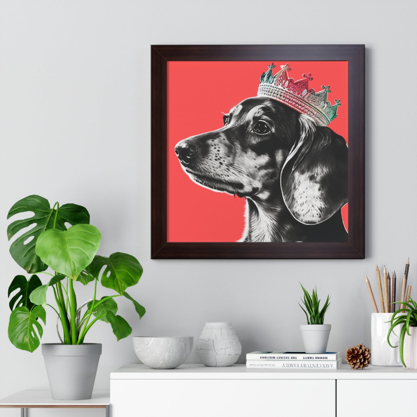 Dachshund on Coral Framed Art Print - Choice of White, Black, or Walnut Frame