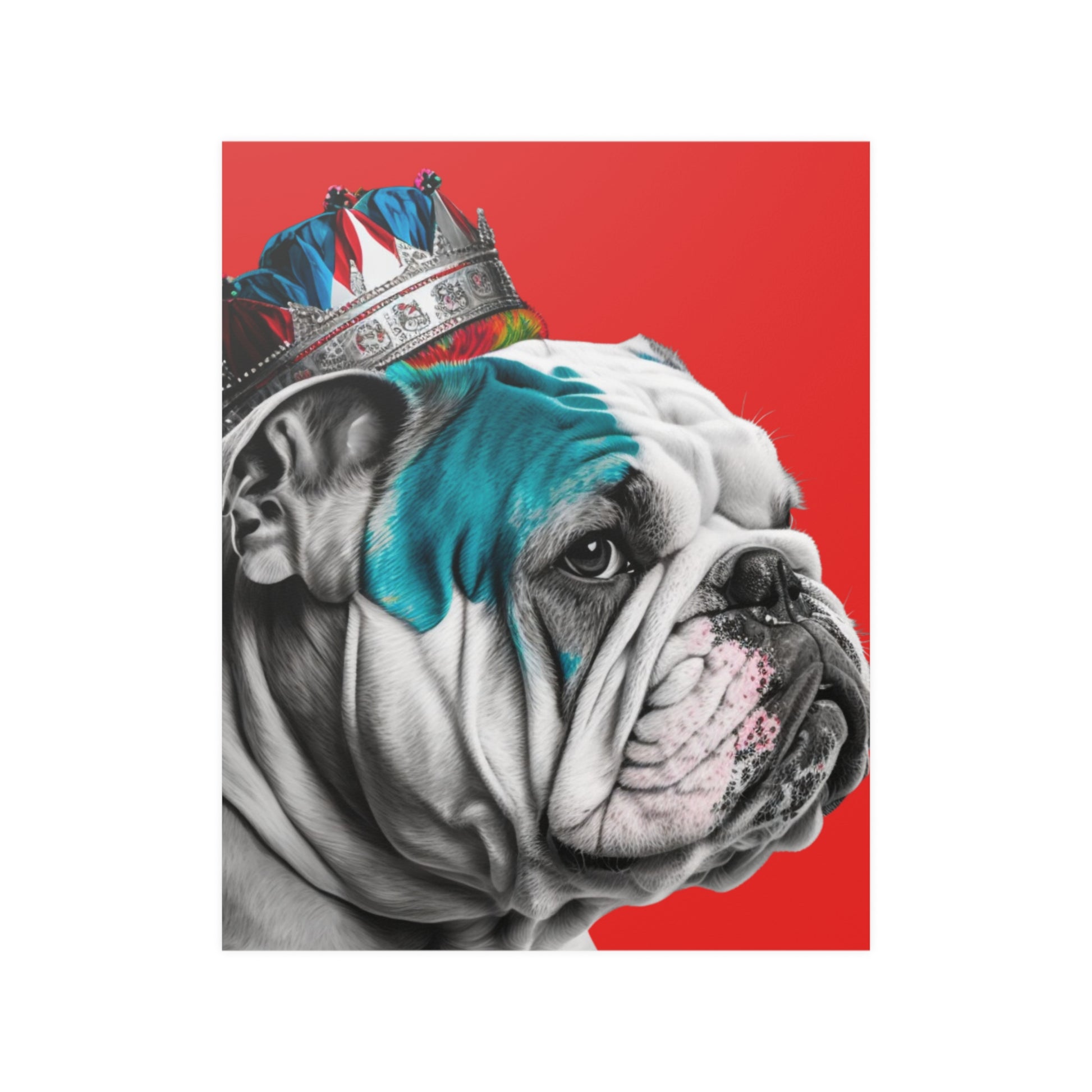 A PopArt style poster featuring a British Bulldog wearing a crown against a bold red background, creating a striking visual of regal canine charm.