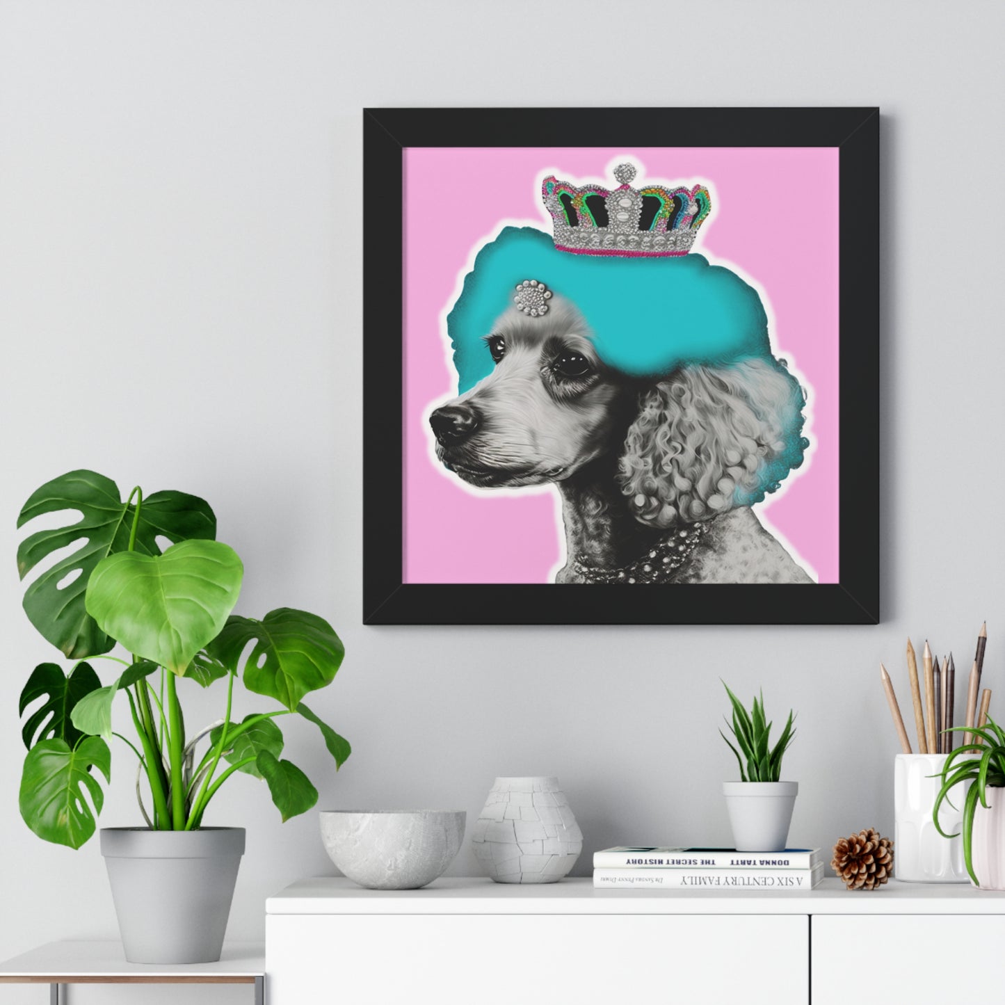 Framed Crowned Pop Art Poodle Print on Pink - Choose Walnut, White, or Black Frame