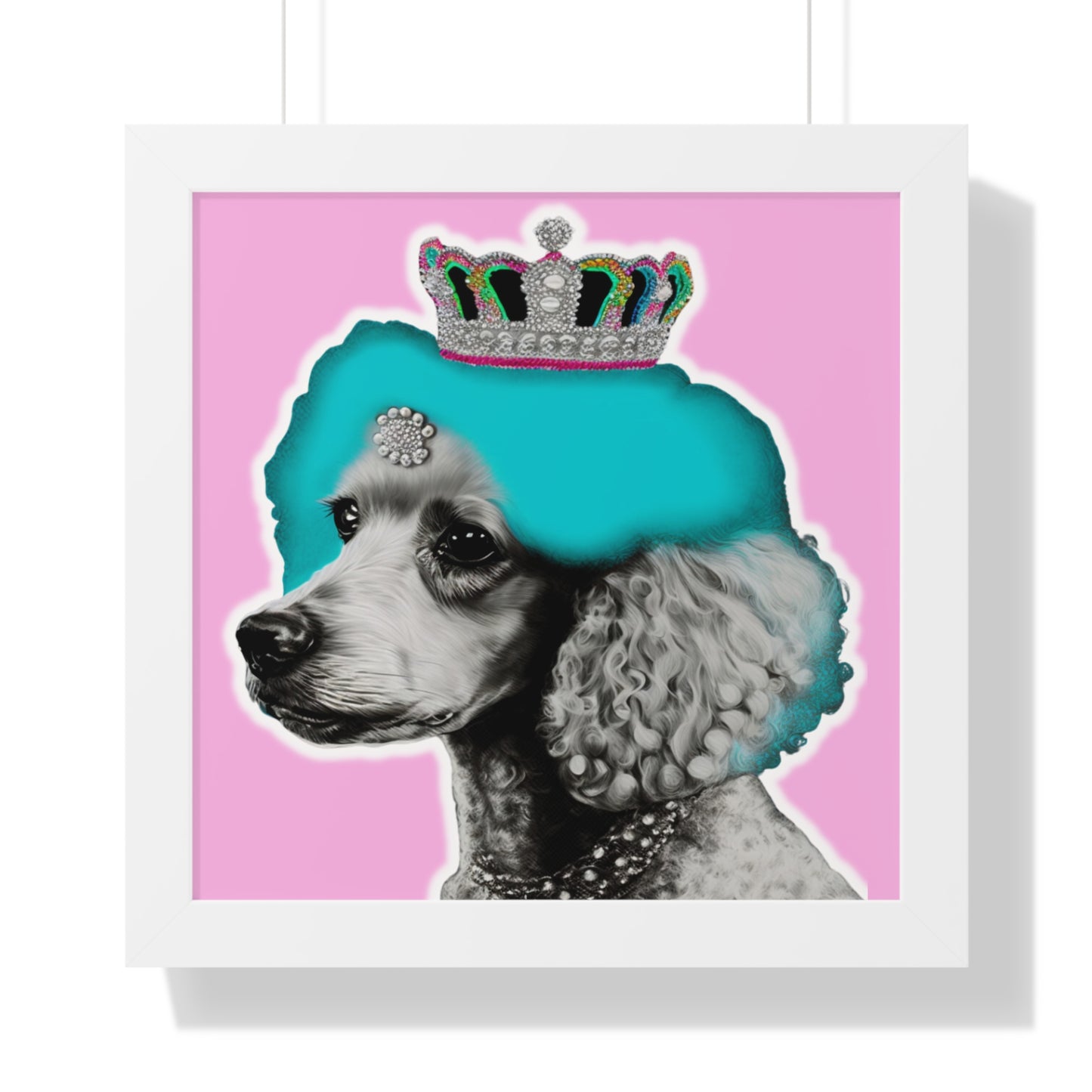 Framed Crowned Pop Art Poodle Print on Pink - Choose Walnut, White, or Black Frame