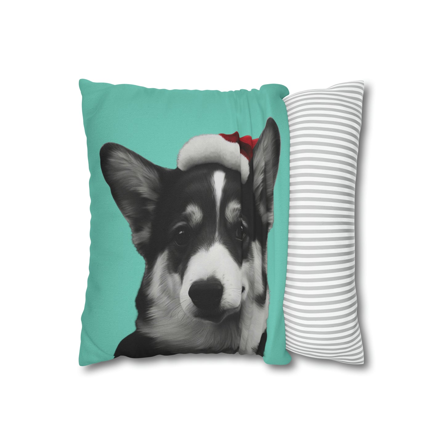 Black and White Corgi with Santa Hat on Green Cushion Cover