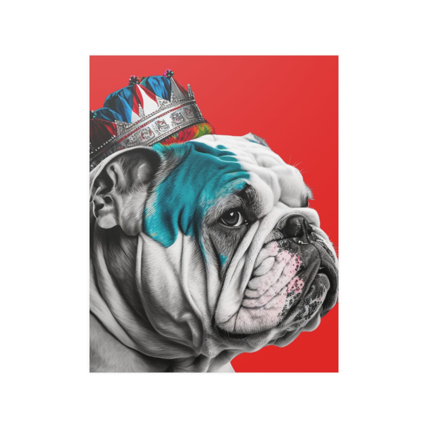 A PopArt style poster featuring a British Bulldog wearing a crown against a bold red background, creating a striking visual of regal canine charm.