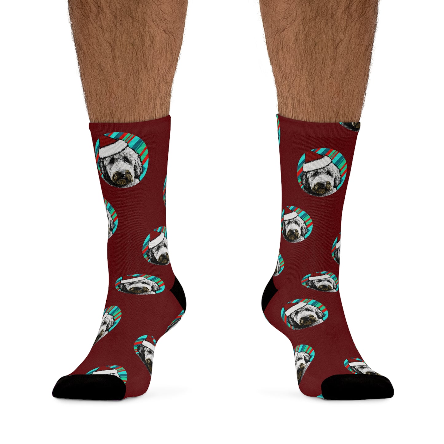 Festive Labradoodle Christmas Socks on Burgundy - Holiday Paw-sitivity!