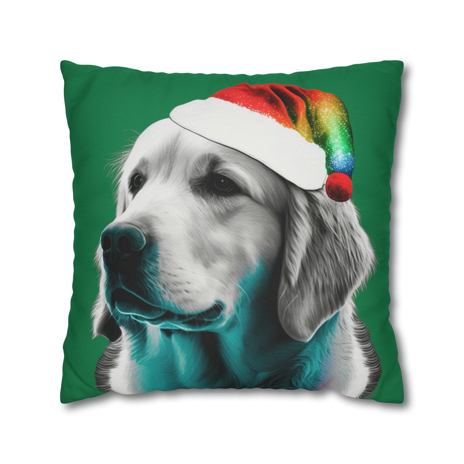 A PopArt depiction of a Golden Retriever wearing a colorful Santa hat set against a festive green background, perfect for holiday decorating.