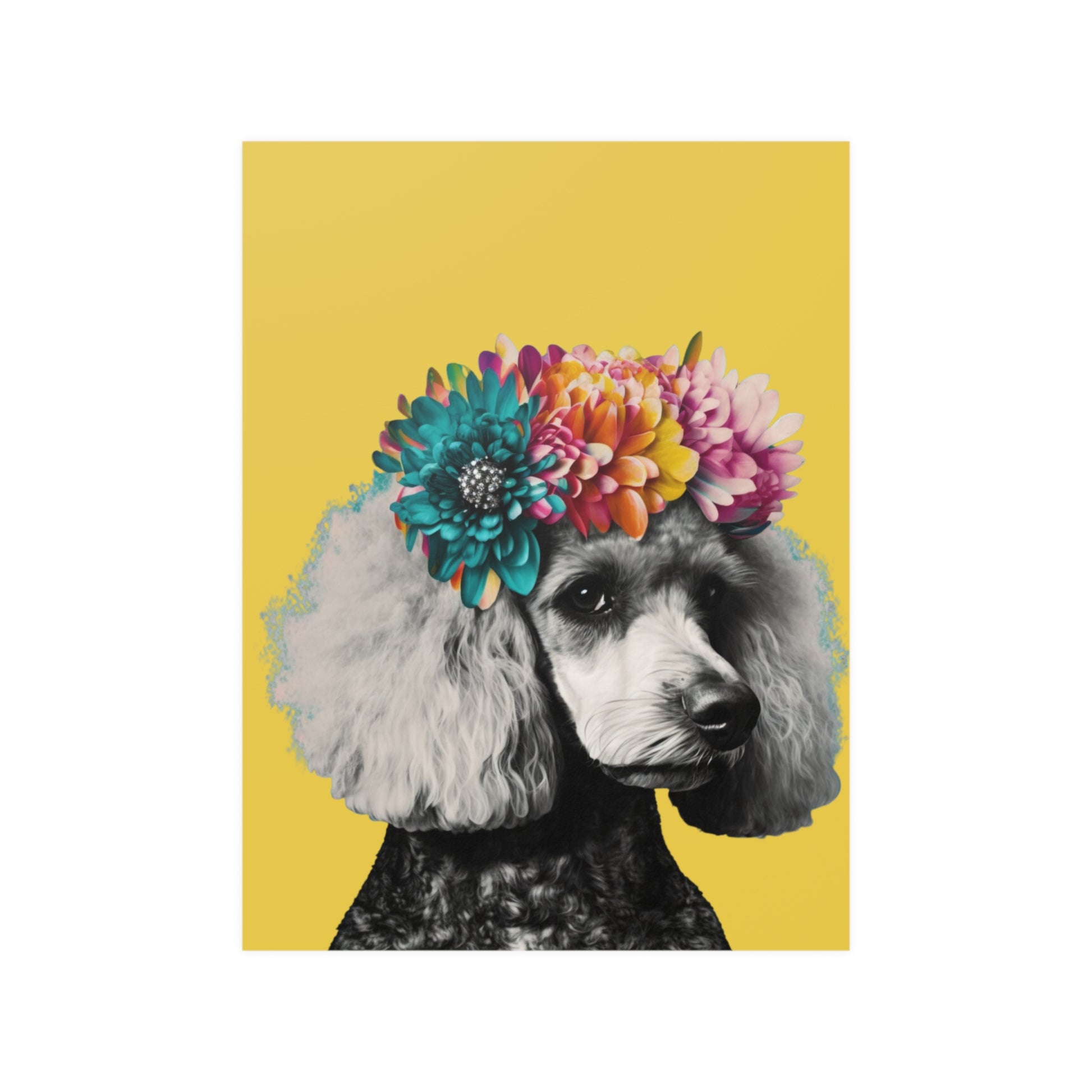 A vibrant poster featuring a PopArt-style poodle on a bright yellow background, ideal for adding a playful and artistic flair to any room's decor