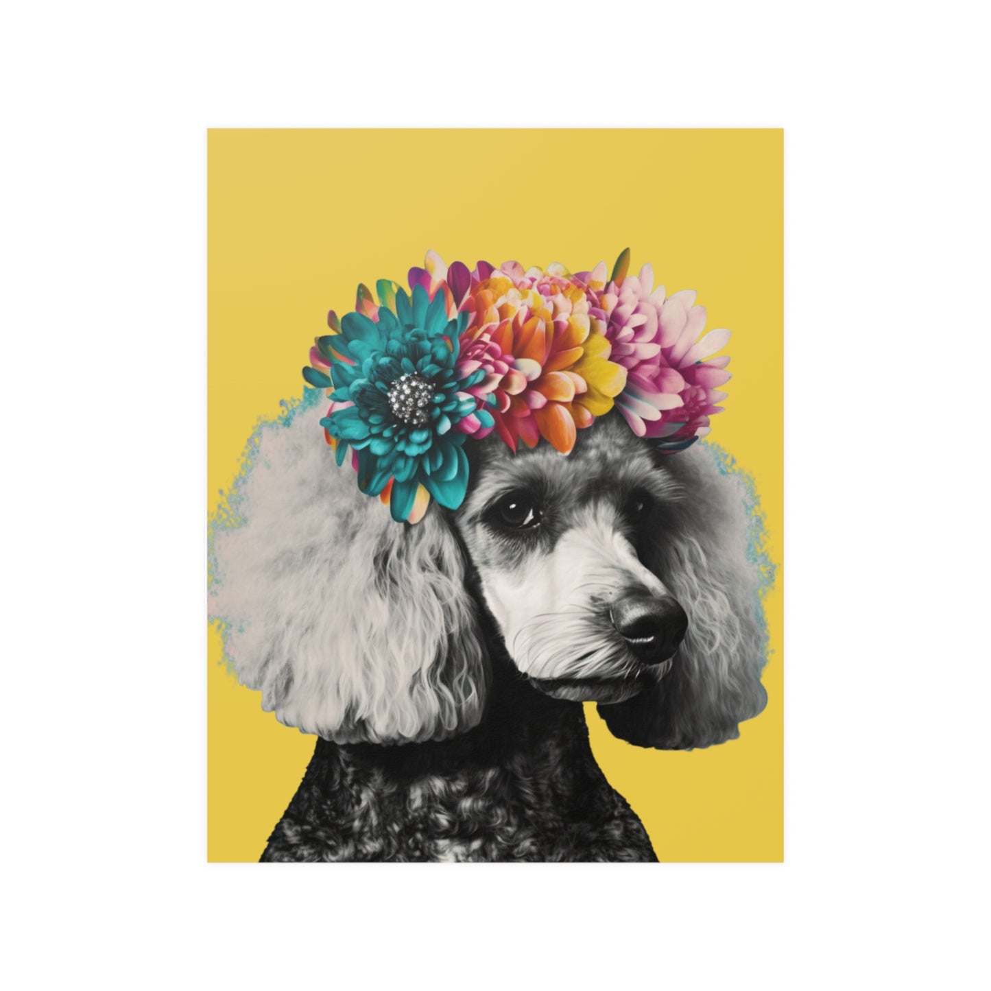 A vibrant poster featuring a PopArt-style poodle on a bright yellow background, ideal for adding a playful and artistic flair to any room's decor