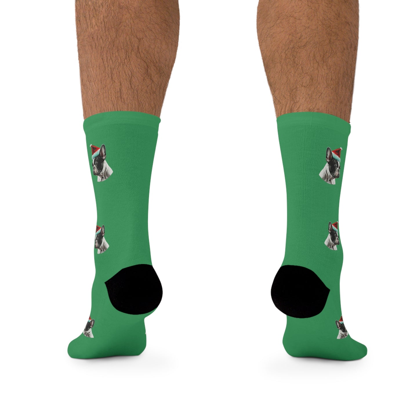 Green Christmas socks featuring a festive French Bulldog design, perfect for bringing holiday cheer and comfort to any dog lover's feet