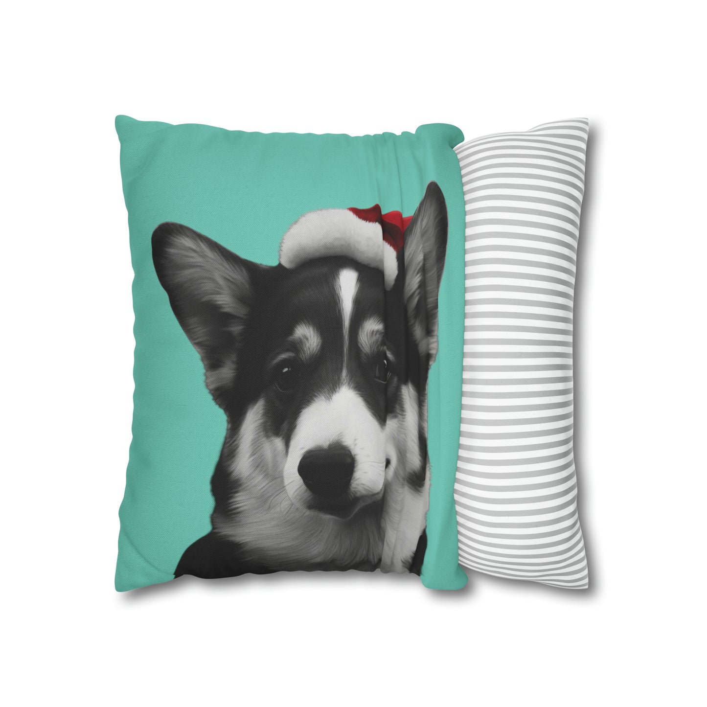 Black and White Corgi with Santa Hat on Green Cushion Cover