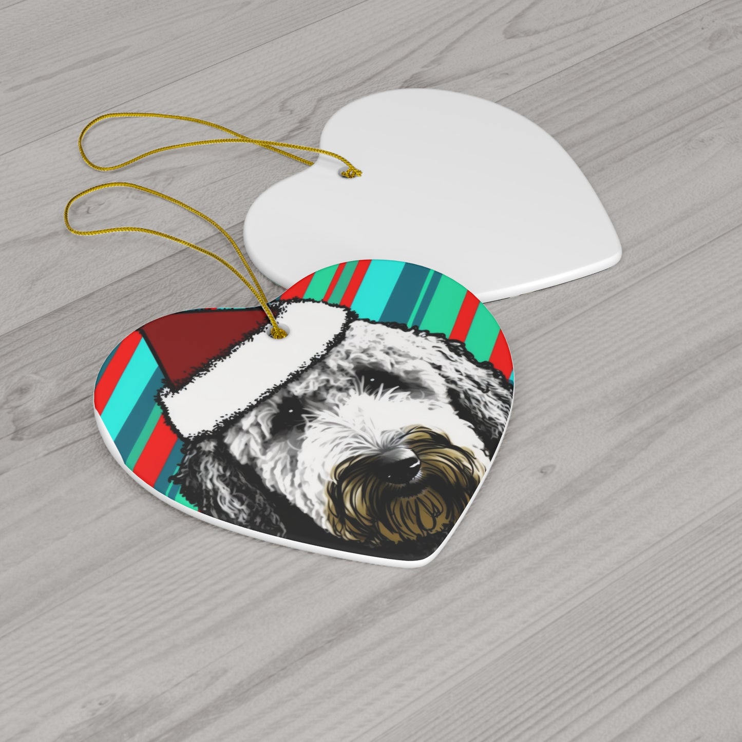 Candy Stripe Labradoodle Christmas Ornament - Circle or Heart 🎄🐕‍🦺❤️