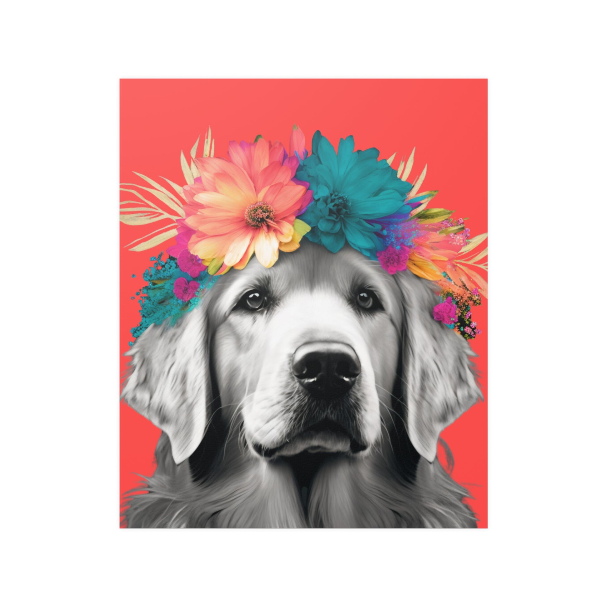 A Golden Retriever lounging amidst tropical flora on a calming coral background, embodying a serene tropical getaway in poster form.