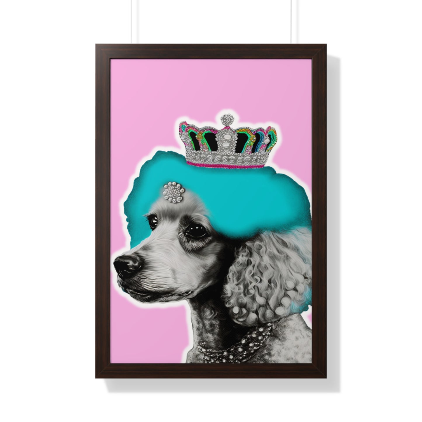 Framed Crowned Pop Art Poodle Print on Pink - Choose Walnut, White, or Black Frame