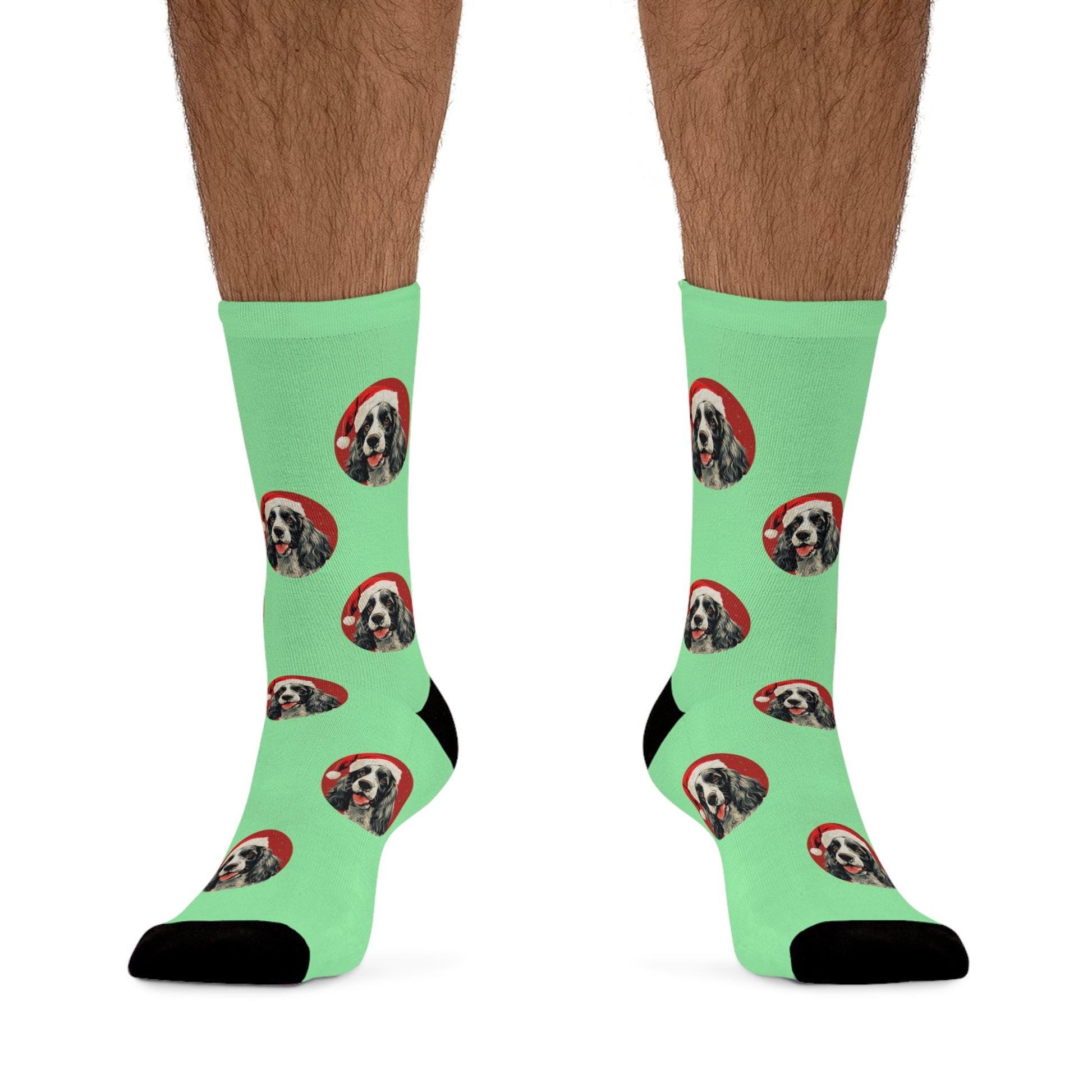 Festive novelty socks featuring a vibrant PopArt Cocker Spaniel on a red and turquoise background, perfect for adding playful and artistic charm to holiday outfits.