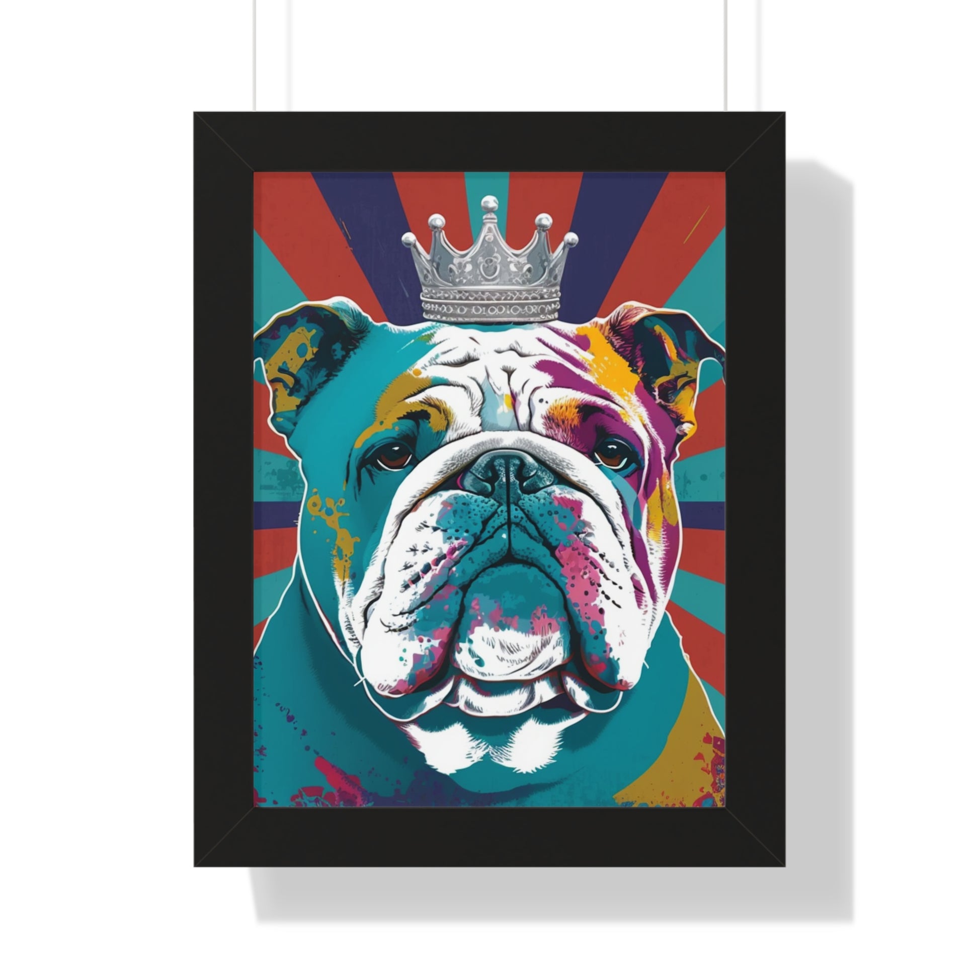 A vibrant framed canvas print featuring a PopArt British Bulldog, perfect for adding a bold and artistic touch to any interior space.