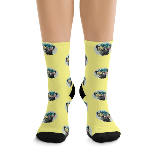 Tropical Frenchie Paradise: French Bulldog on Sunny Yellow Novelty Socks