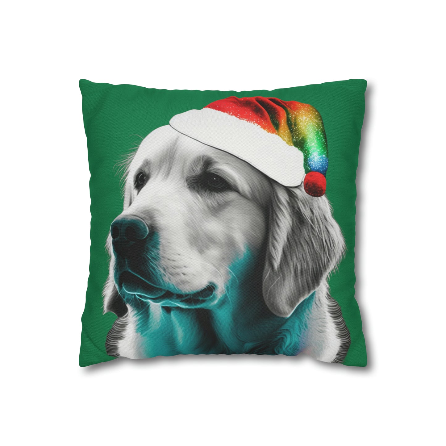 A PopArt depiction of a Golden Retriever wearing a colorful Santa hat set against a festive green background, perfect for holiday decorating.