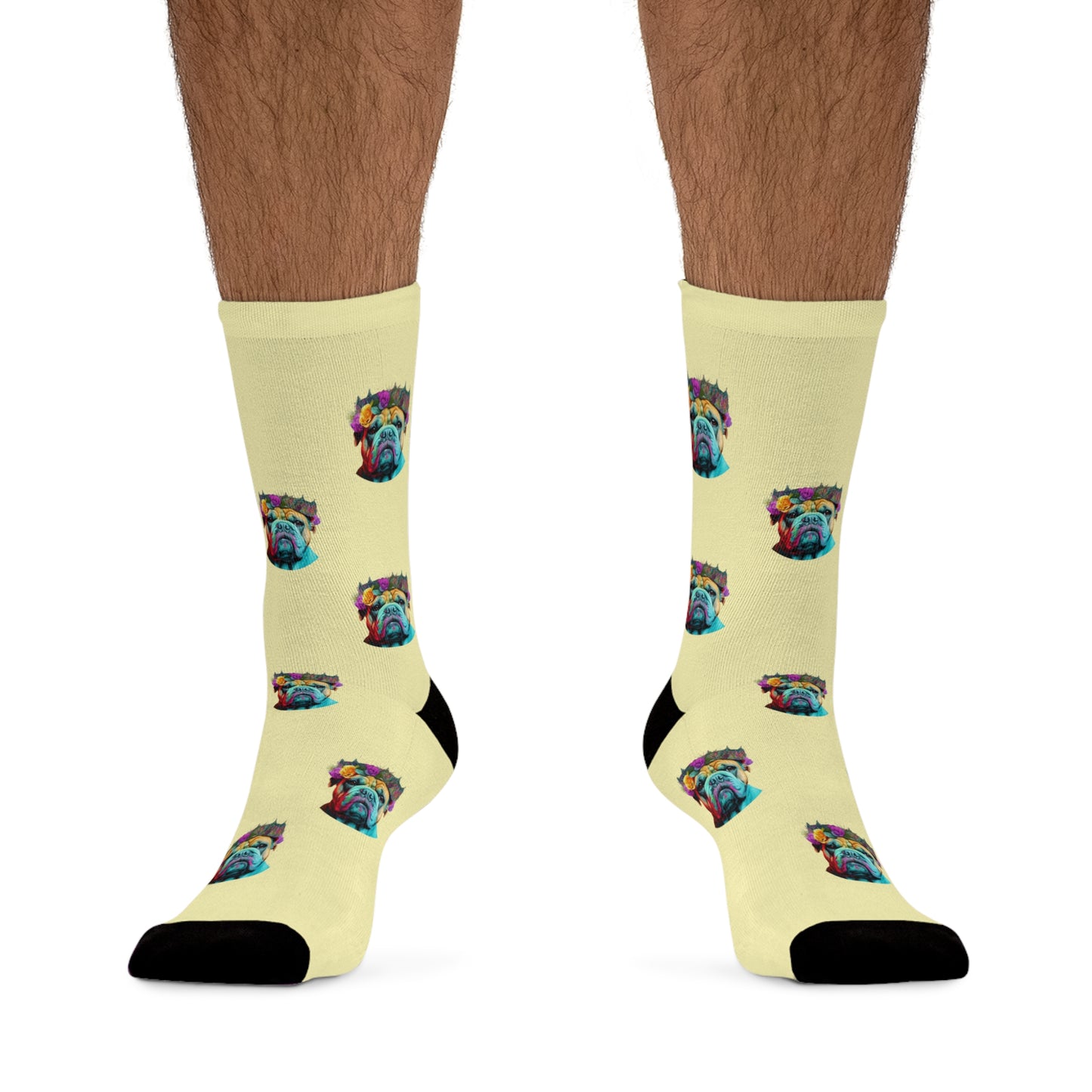 A pair of colorful pop art British Bulldog socks featuring a vibrant bulldog design on a cream background.