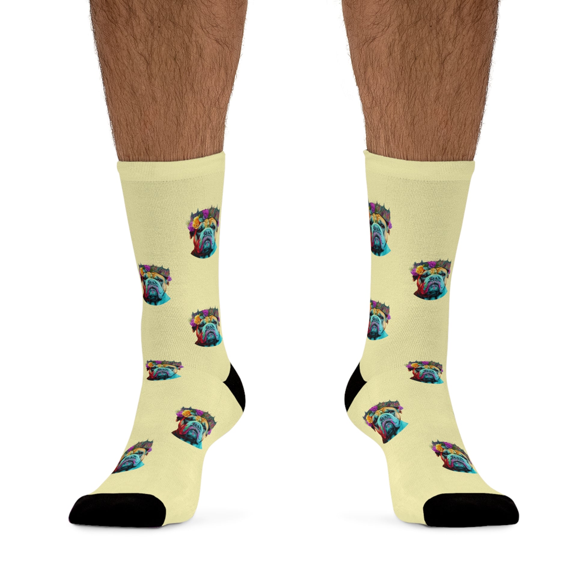 A pair of colorful pop art British Bulldog socks featuring a vibrant bulldog design on a cream background.