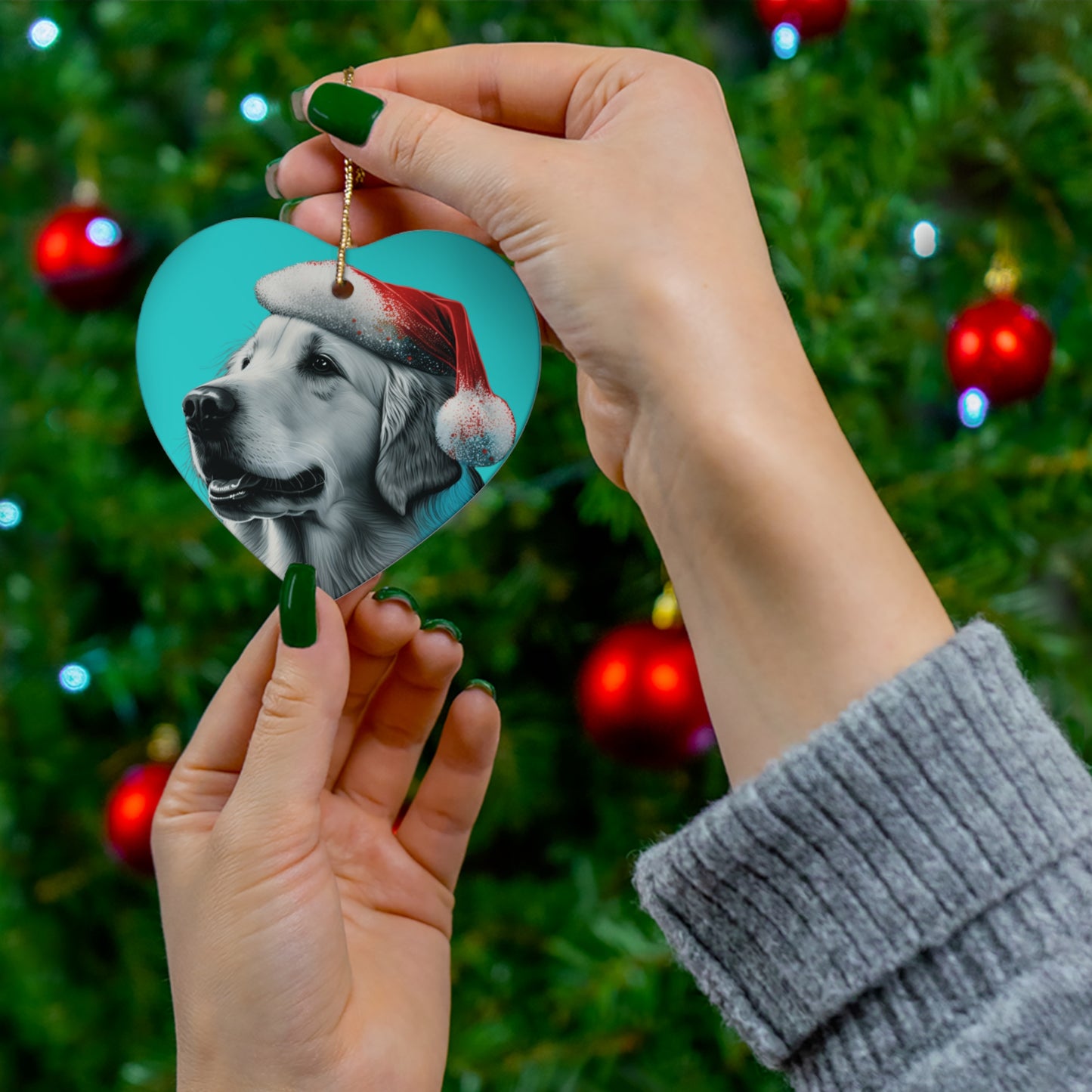 Golden Retriever Christmas Ornament on Blue Background