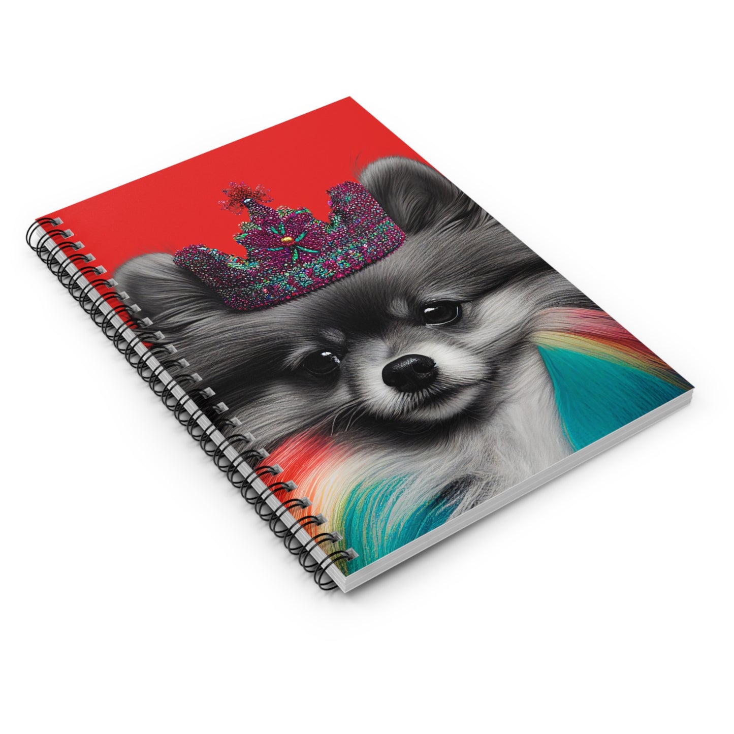 A sleek notebook cover featuring a black and white Pomeranian against a bold red background, combining elegance with a touch of whimsy."