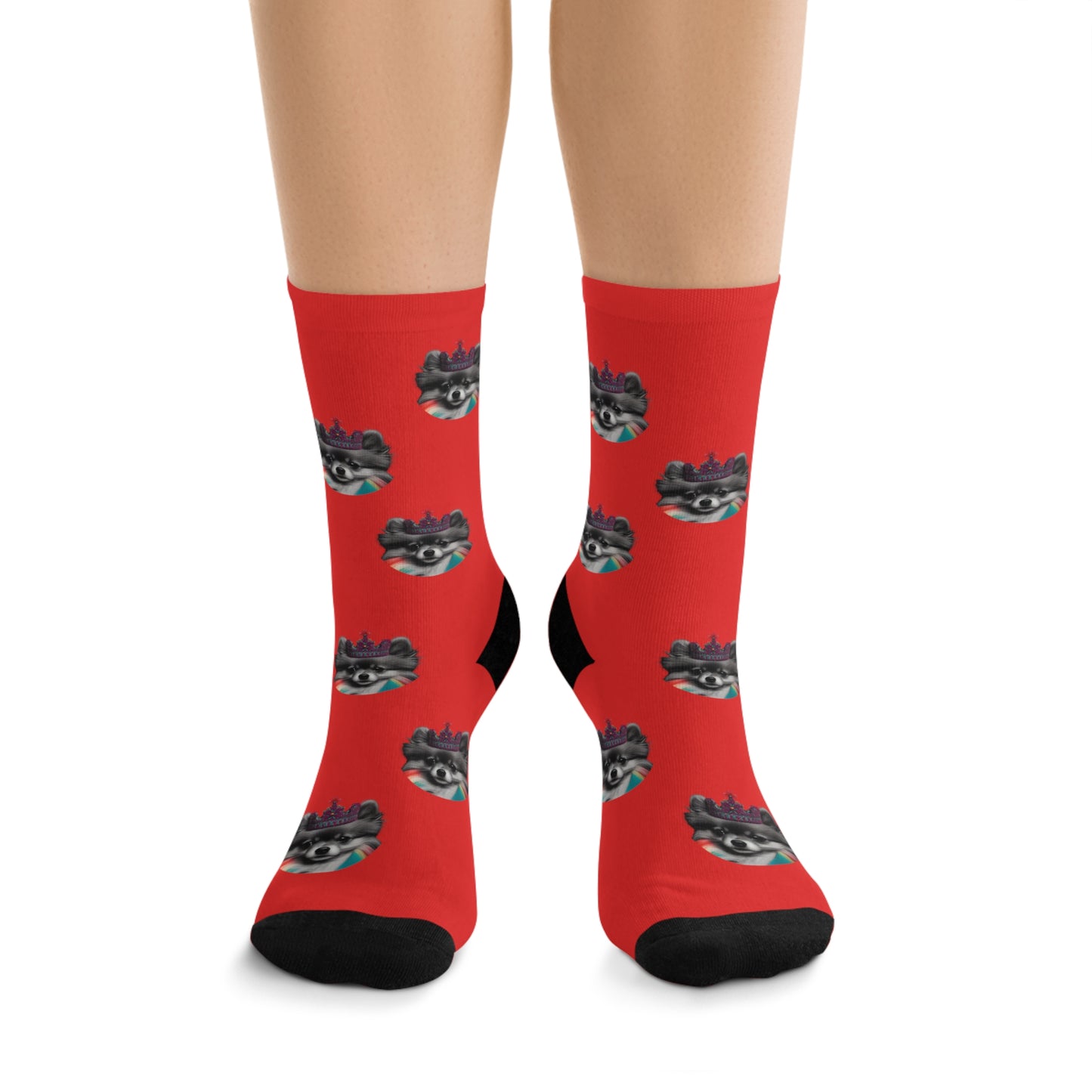 👑 Regal Pomeranian Elegance: Black and White Pomeranian Crown on Red Novelty Socks 🧦