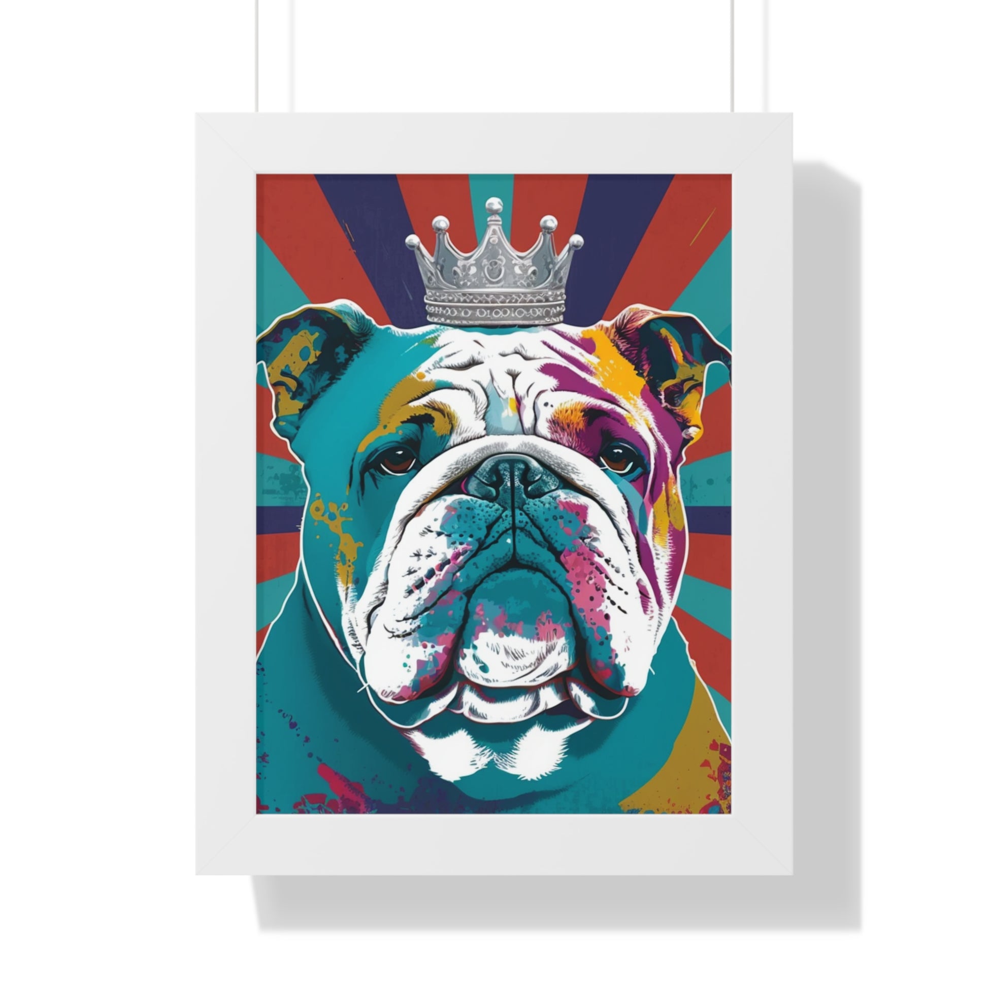 A vibrant framed canvas print featuring a PopArt British Bulldog, perfect for adding a bold and artistic touch to any interior space.