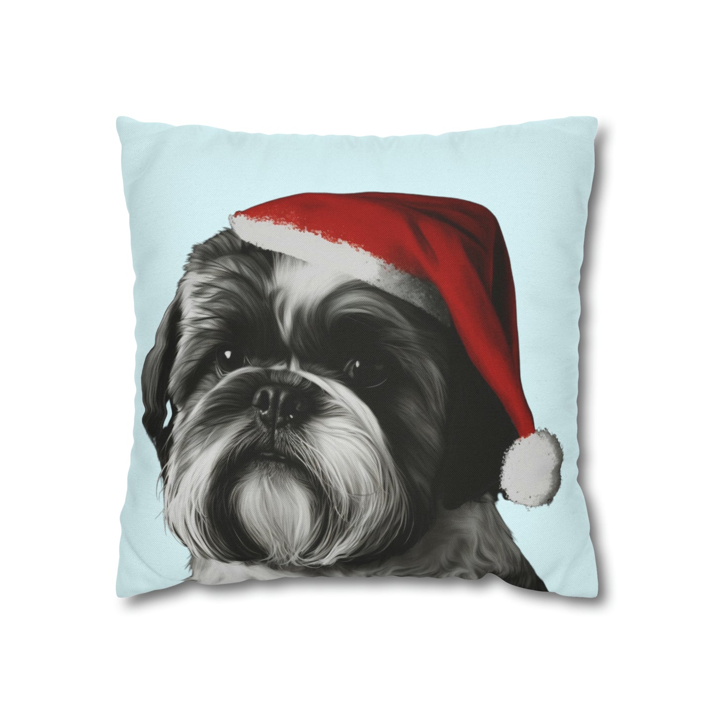 A festive Shih Tzu on a baby blue Christmas cushion cover, featuring an adorable Shih Tzu dog surrounded by holiday elements, perfect for adding seasonal charm to your home decor.