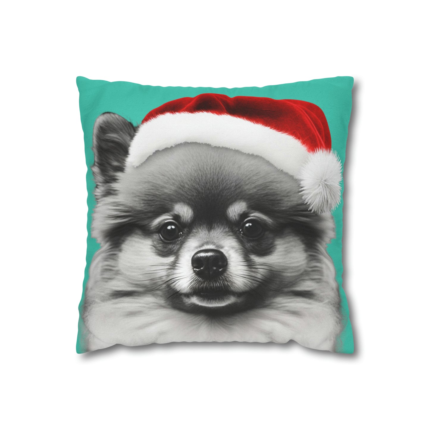 A festive cushion cover showcasing a joyful Pomeranian in holiday attire, perfect for adding a touch of canine cheer to any room.