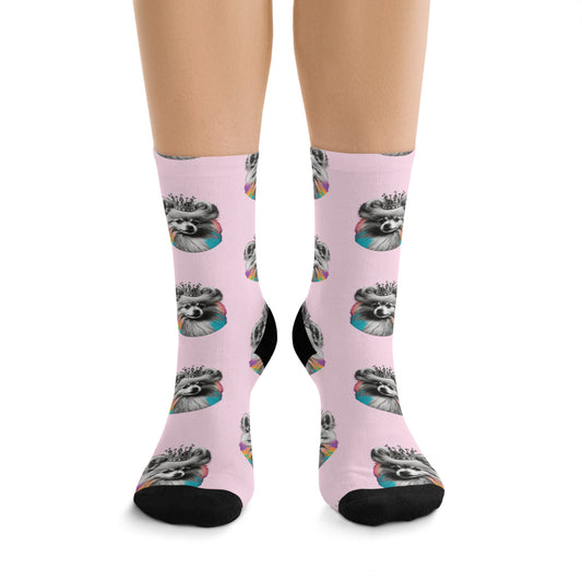 Black and White Pomeranian with Colours on pink Novelty Socks