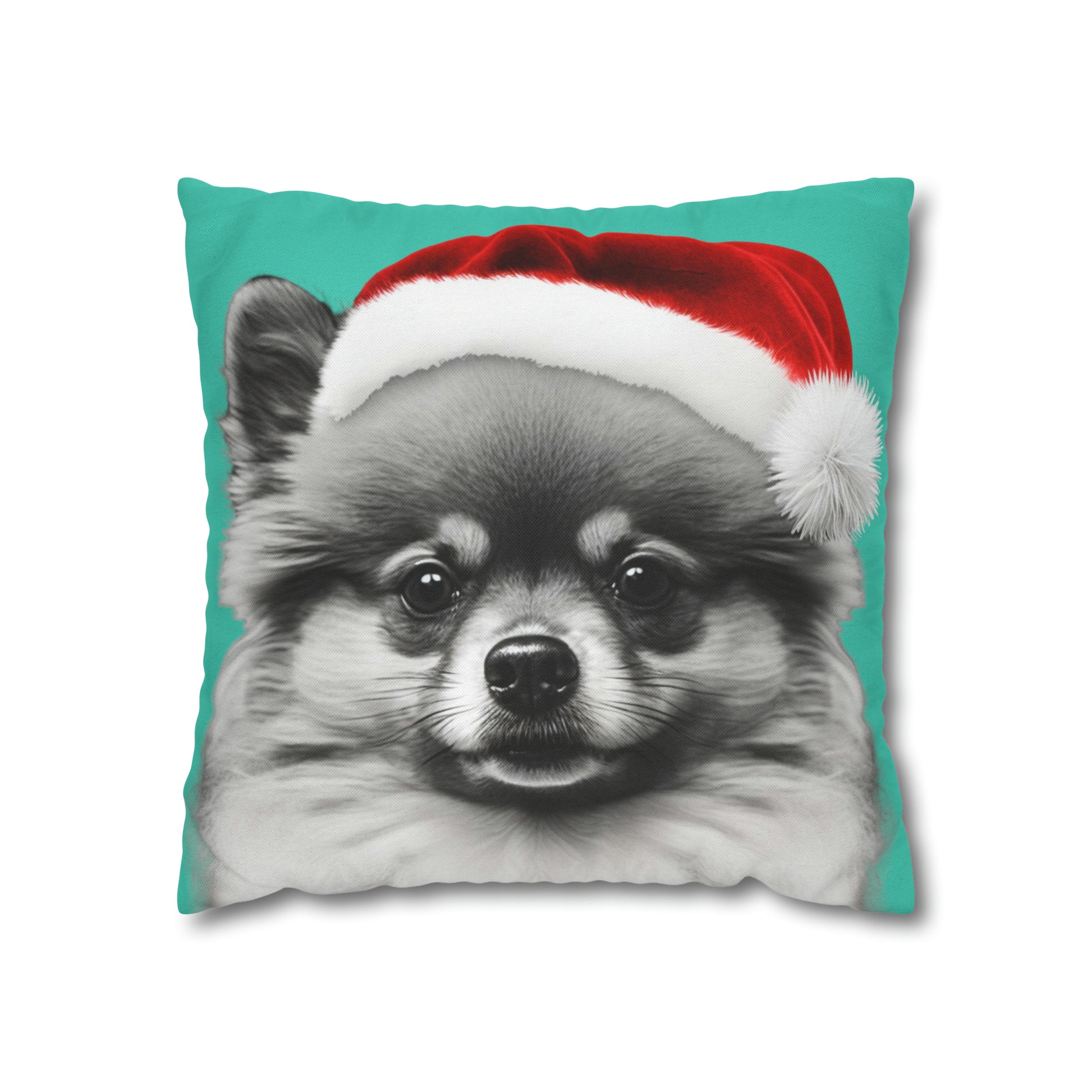 A festive cushion cover showcasing a joyful Pomeranian in holiday attire, perfect for adding a touch of canine cheer to any room.