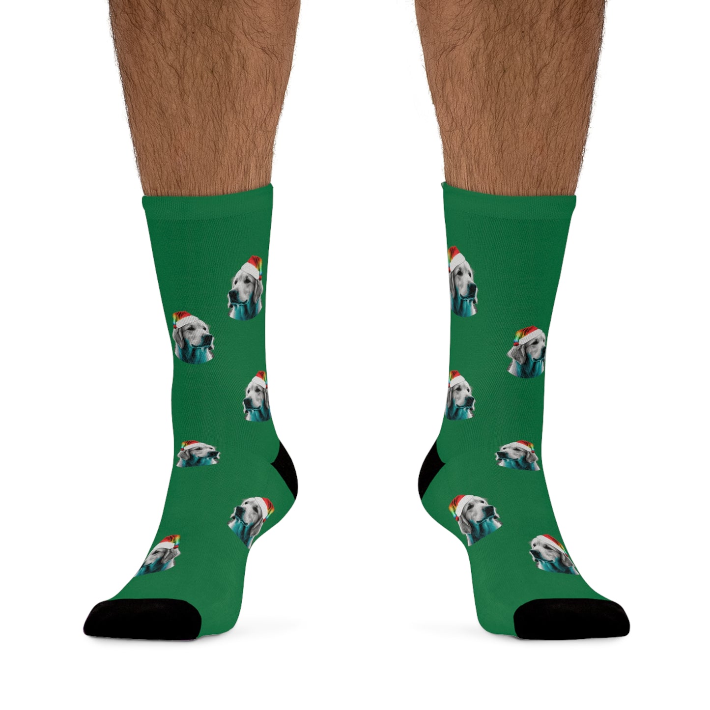 A festive pair of dark green socks featuring a cute retriever dog dressed as Santa Claus.