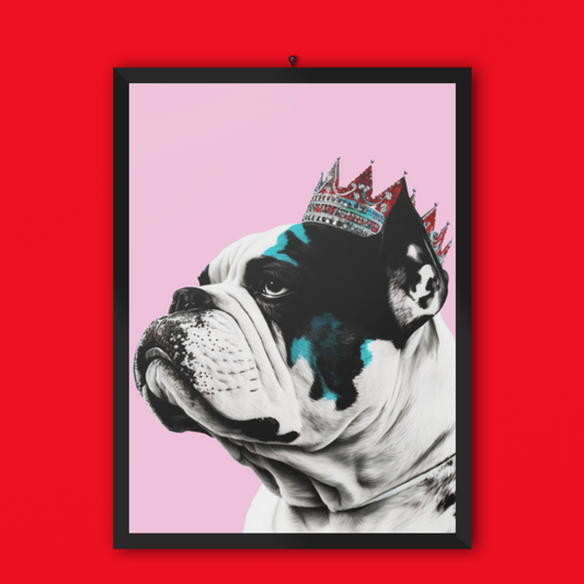 A regal XL Bully dog wearing a crown on a pink background poster.