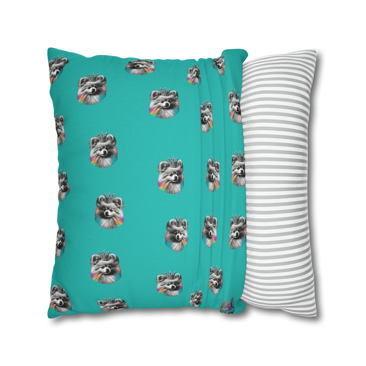 Black and White Pomeranian with Colours on Blue Cushion Cover