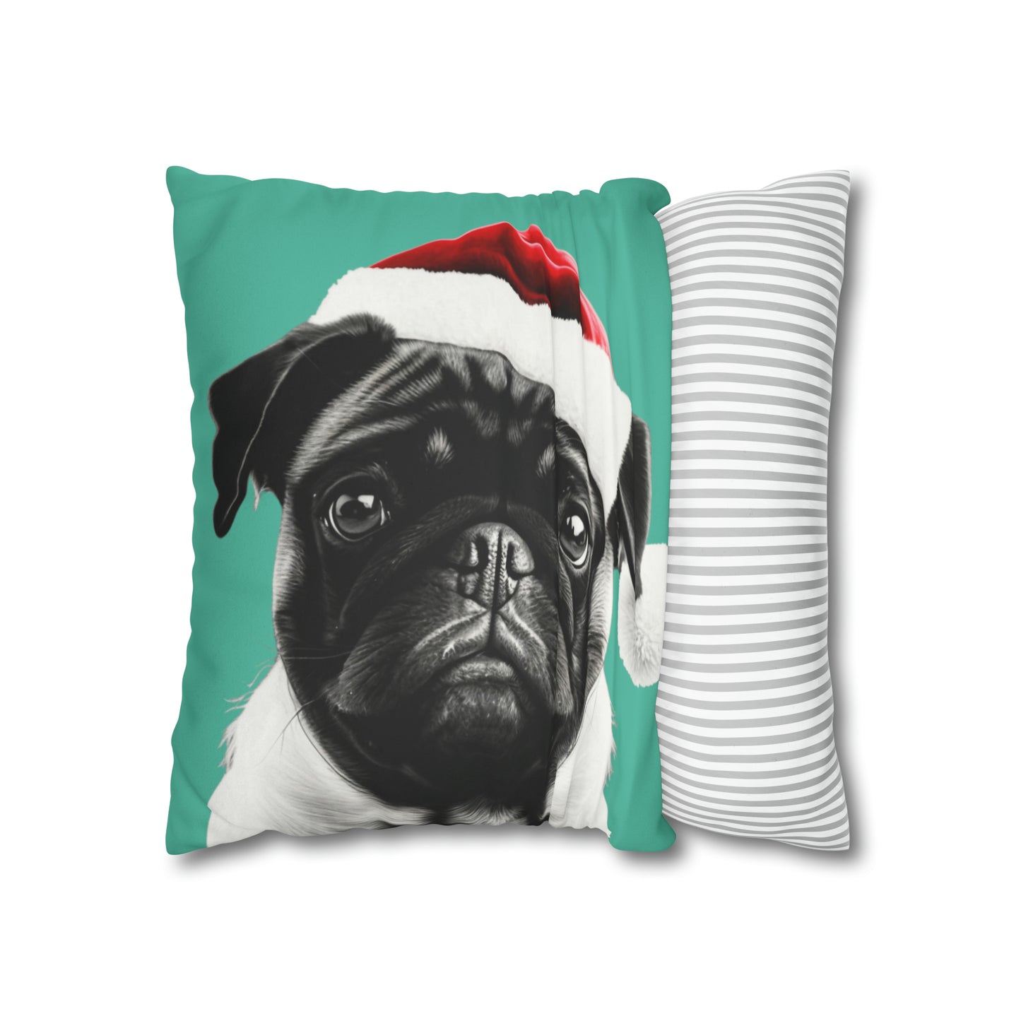 Adorable Pug Christmas Cushion Cover in Soft Faux Suede, featuring a festive pug design on a luxurious cushion, perfect for holiday decor.