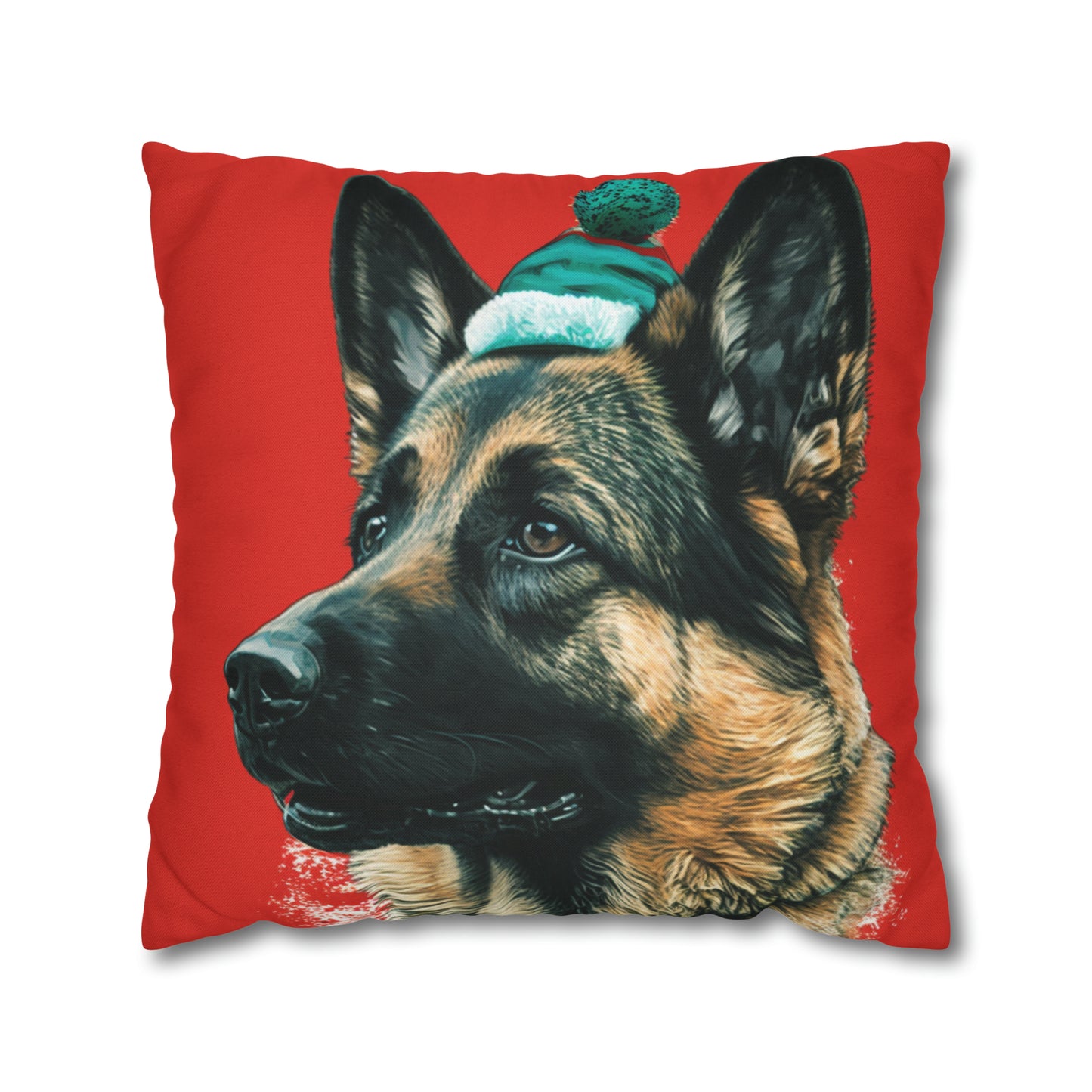 Festive German Shepherd Xmas Cushion on Red and White - A charming holiday cushion cover featuring a majestic German Shepherd in a festive Christmas setting against a backdrop of classic red and white, perfect for adding holiday spirit to your home decor.