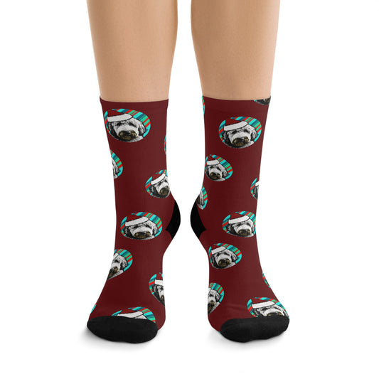 Festive Labradoodle Christmas Socks on Burgundy - Holiday Paw-sitivity!