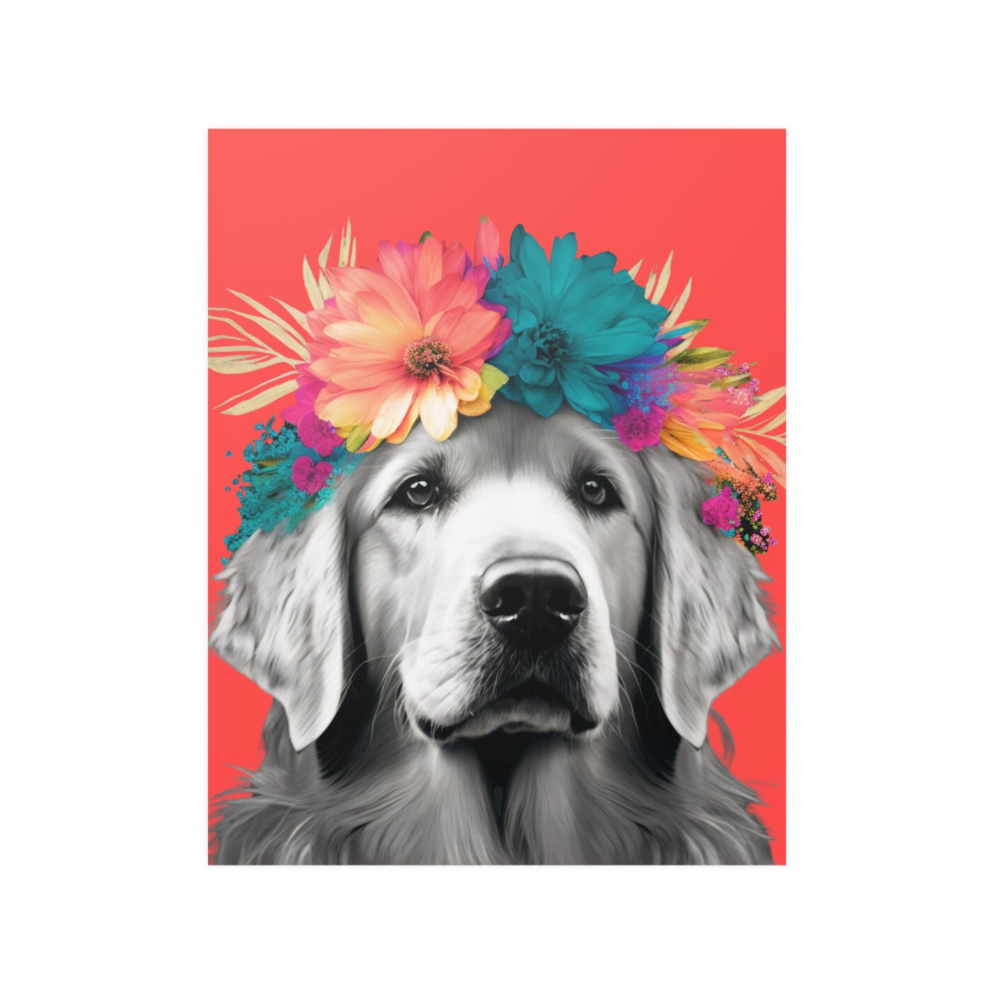 A Golden Retriever lounging amidst tropical flora on a calming coral background, embodying a serene tropical getaway in poster form.