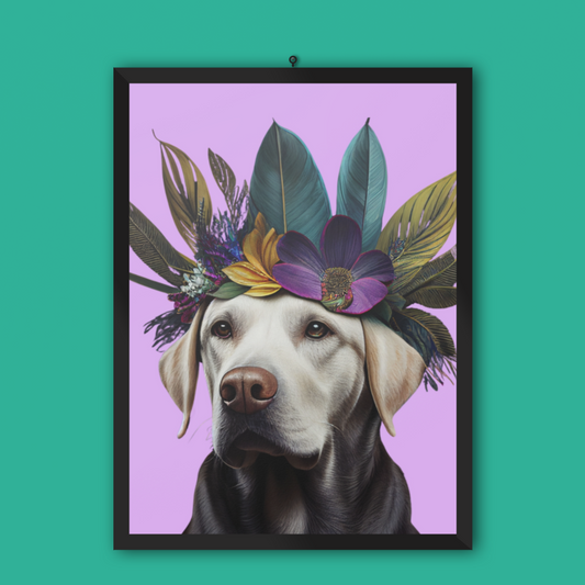 Poster of a white Golden Retriever wearing a colorful tropical flower crown, set against a rich purple background, exuding elegance and playful charm