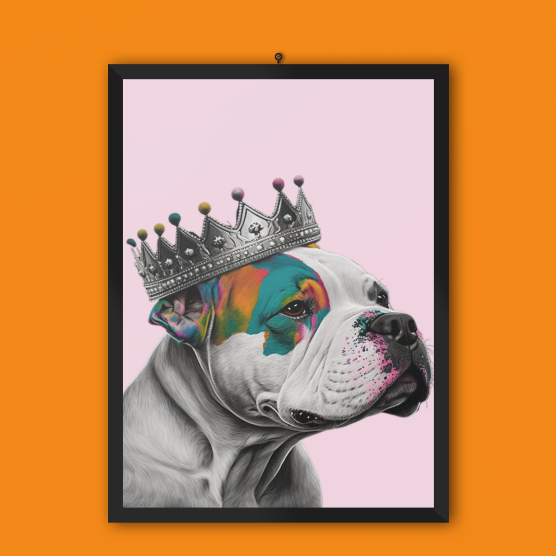 A regal XL Bully dog wearing a crown in vibrant pop art style on a pink poste