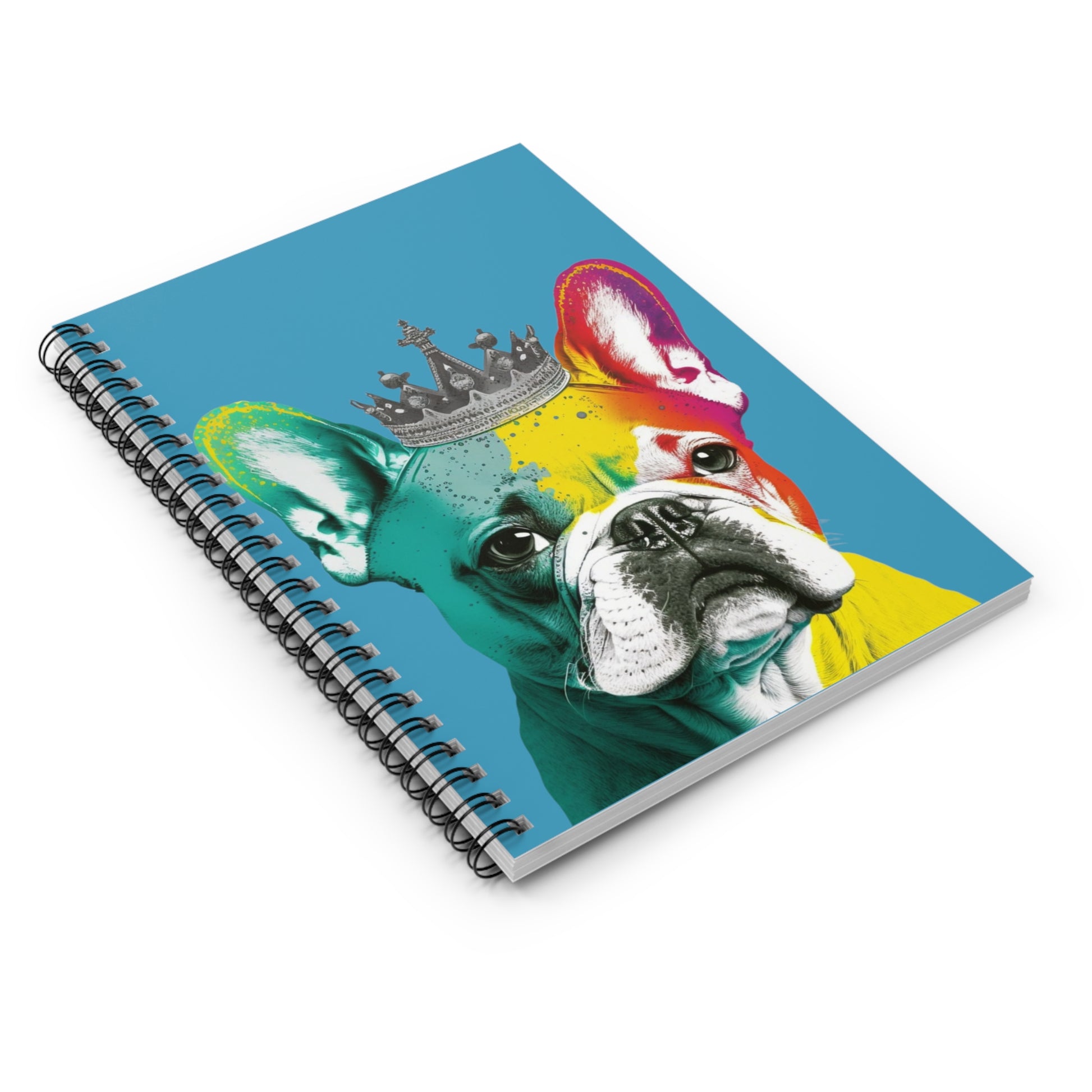 A notebook featuring a French Bulldog in vivid PopArt style against a royal blue background, perfect for adding a touch of artistic and canine charm to your notes.