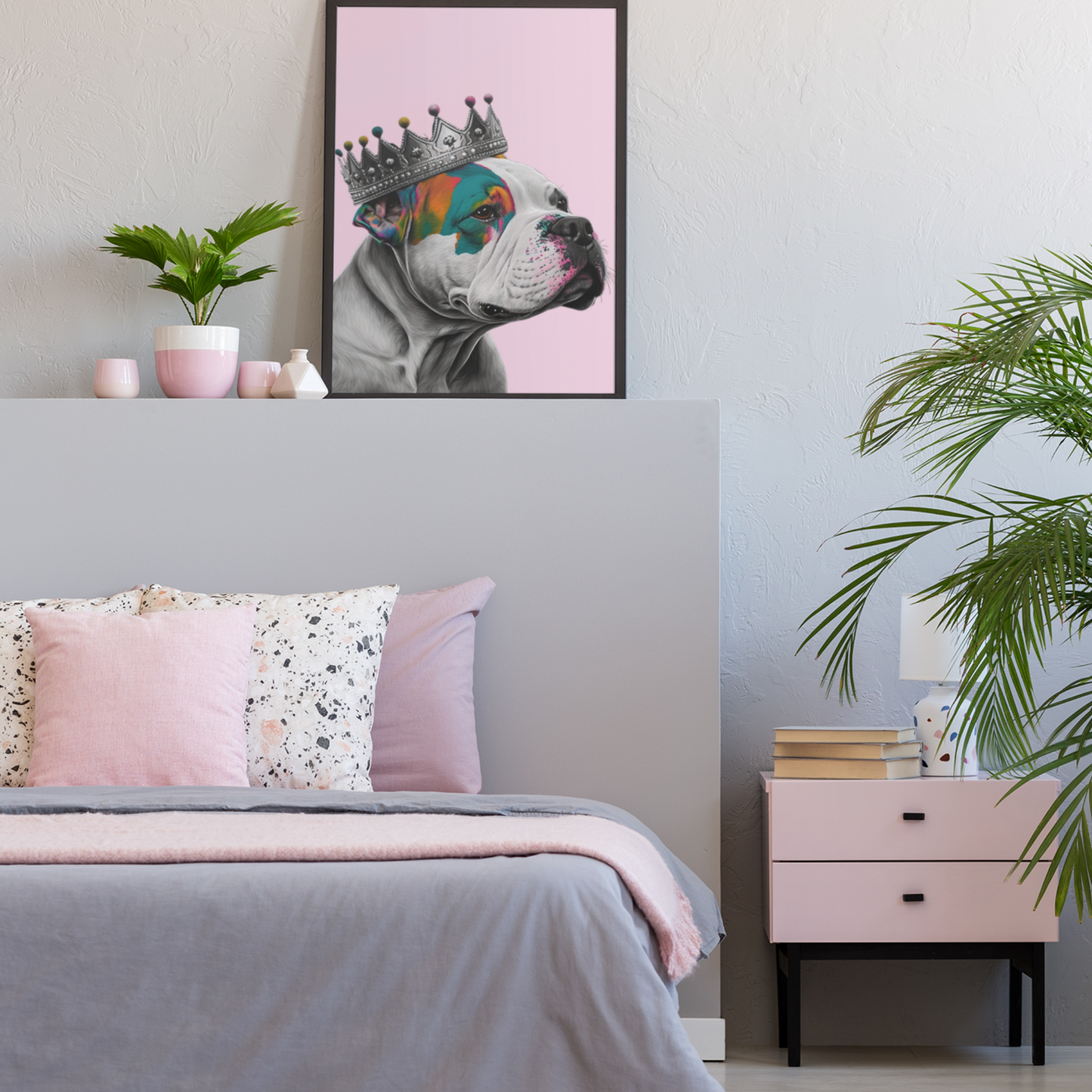 A regal XL Bully dog wearing a crown in vibrant pop art style on a pink poste