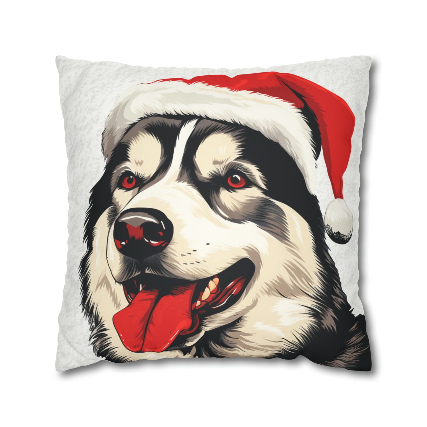 A luxurious white faux suede Christmas cushion cover, featuring a beautifully detailed illustration of a majestic husky in a winter wonderland setting. The husky is depicted with a captivating gaze amidst a snowy landscape, with subtle festive decorations adding to the holiday charm. The cover exudes elegance and is perfect for enhancing holiday home decor.