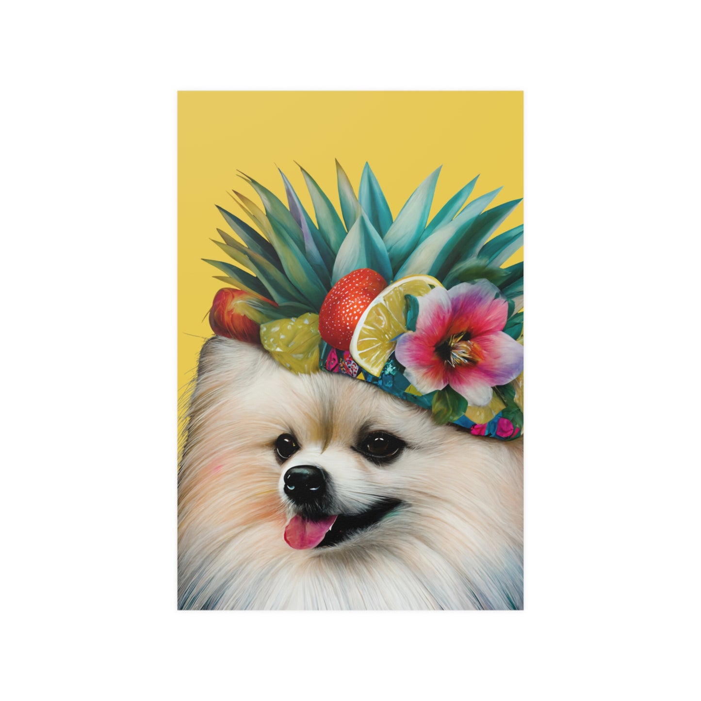 A brightly colored Pomeranian dog illustrated with a kaleidoscope of vibrant hues, set against a vivid yellow background on a high-quality poster print.