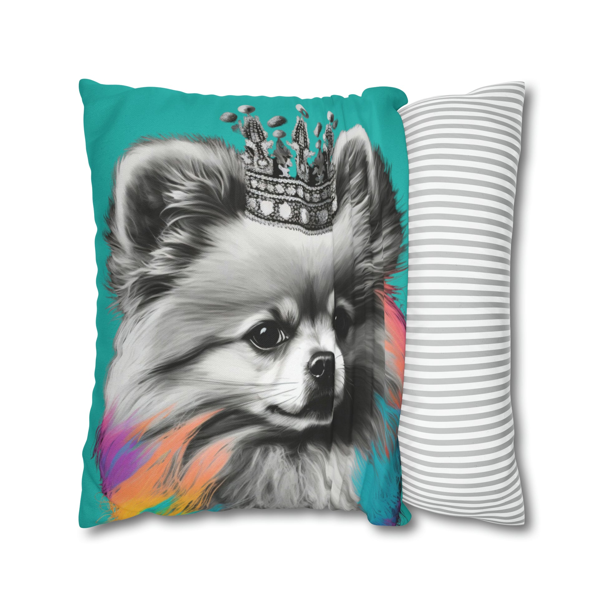 A Black and White Pomeranian with colorful accents on a blue cushion cover, adding a playful touch to your home decor.