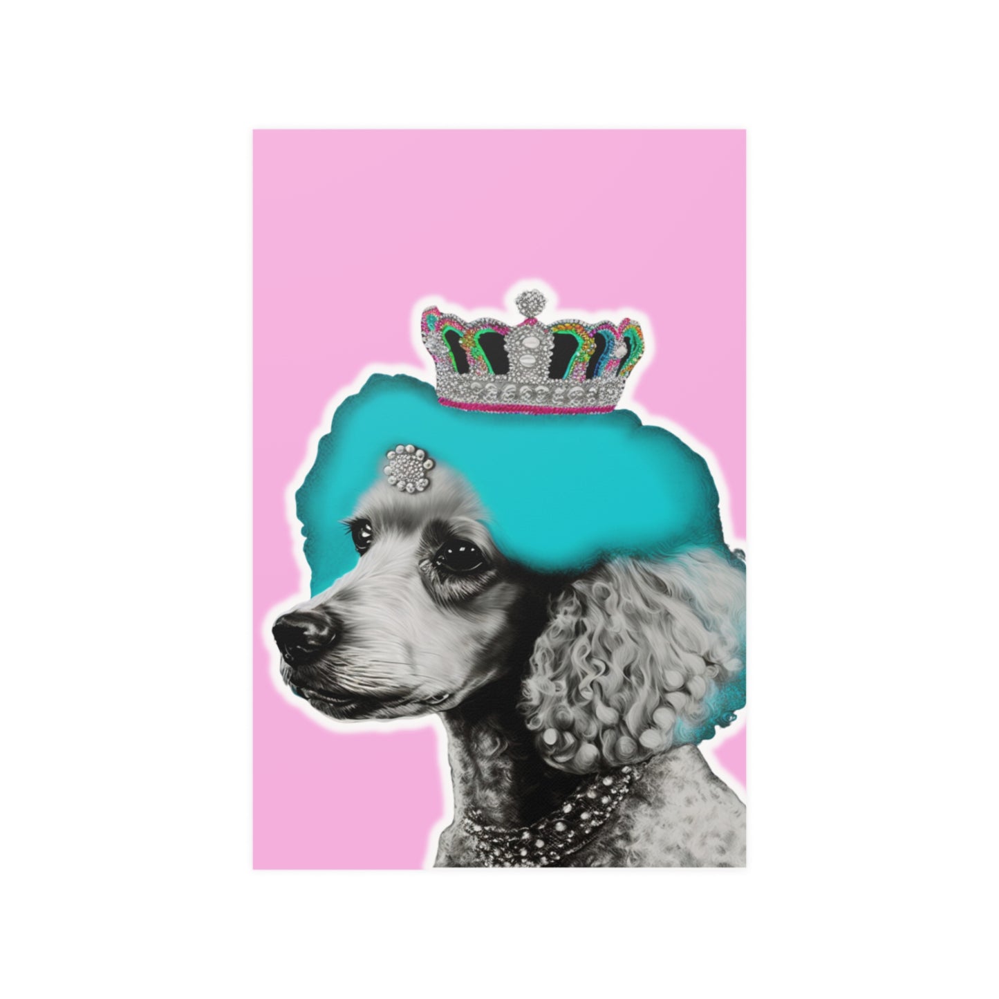 The 'Crowned Poodle on Pink Poster' features an elegant and whimsical illustration of a poodle with a crown, set against a soft pink background. This chic and stylish wall art adds sophistication and a playful touch to any room decor