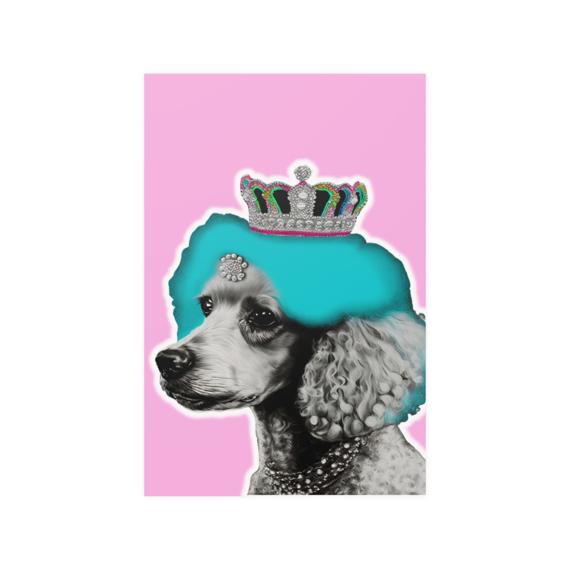 The 'Crowned Poodle on Pink Poster' features an elegant and whimsical illustration of a poodle with a crown, set against a soft pink background. This chic and stylish wall art adds sophistication and a playful touch to any room decor