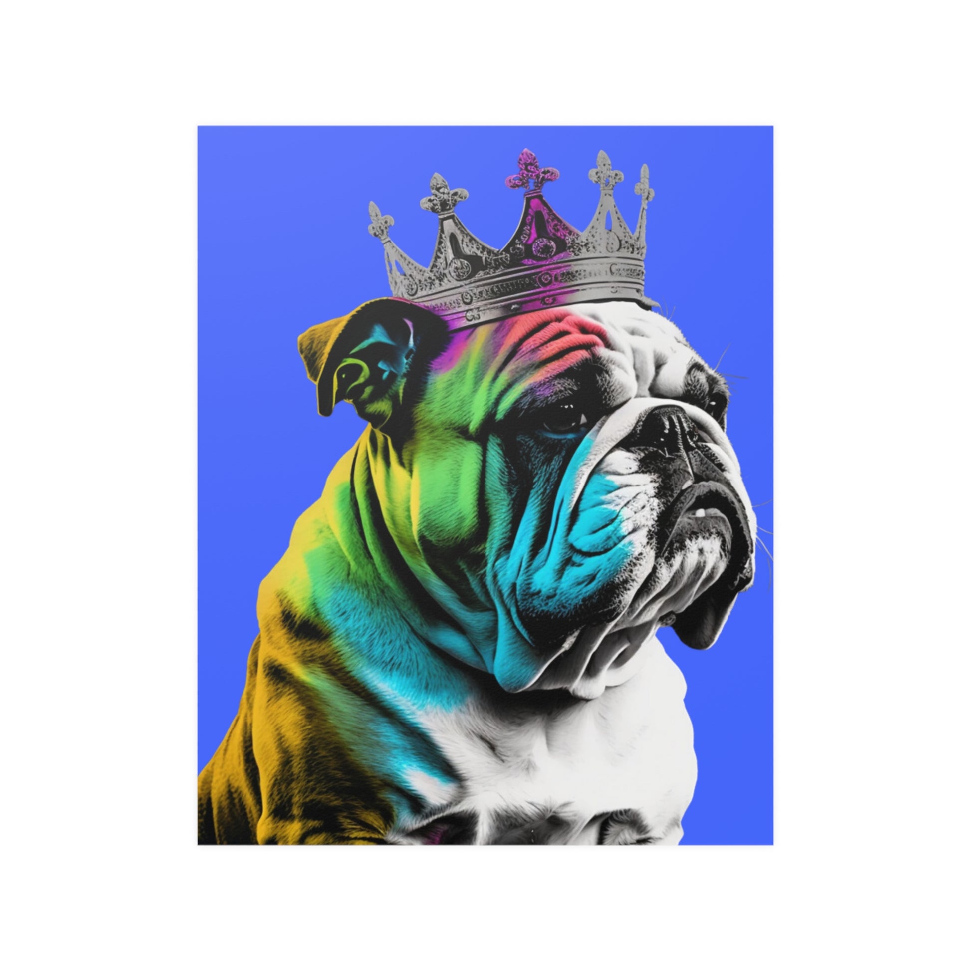 A British Bulldog portrayed in PopArt style, featuring bold outlines and colors on a vibrant blue background that captures the breed's distinctive character.