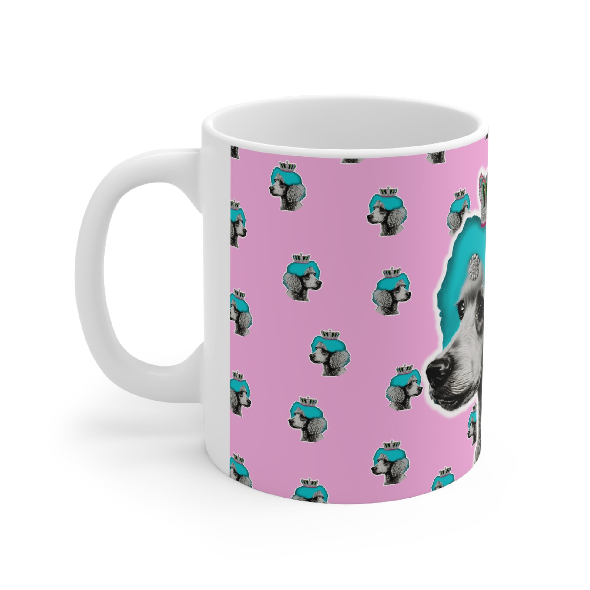 Crowned Pop Art Poodle Mug in Pink' features a vibrant and colorful illustration of a regal poodle in pop art style on a pink background, perfect for adding a touch of whimsy and style to your drinkware collection