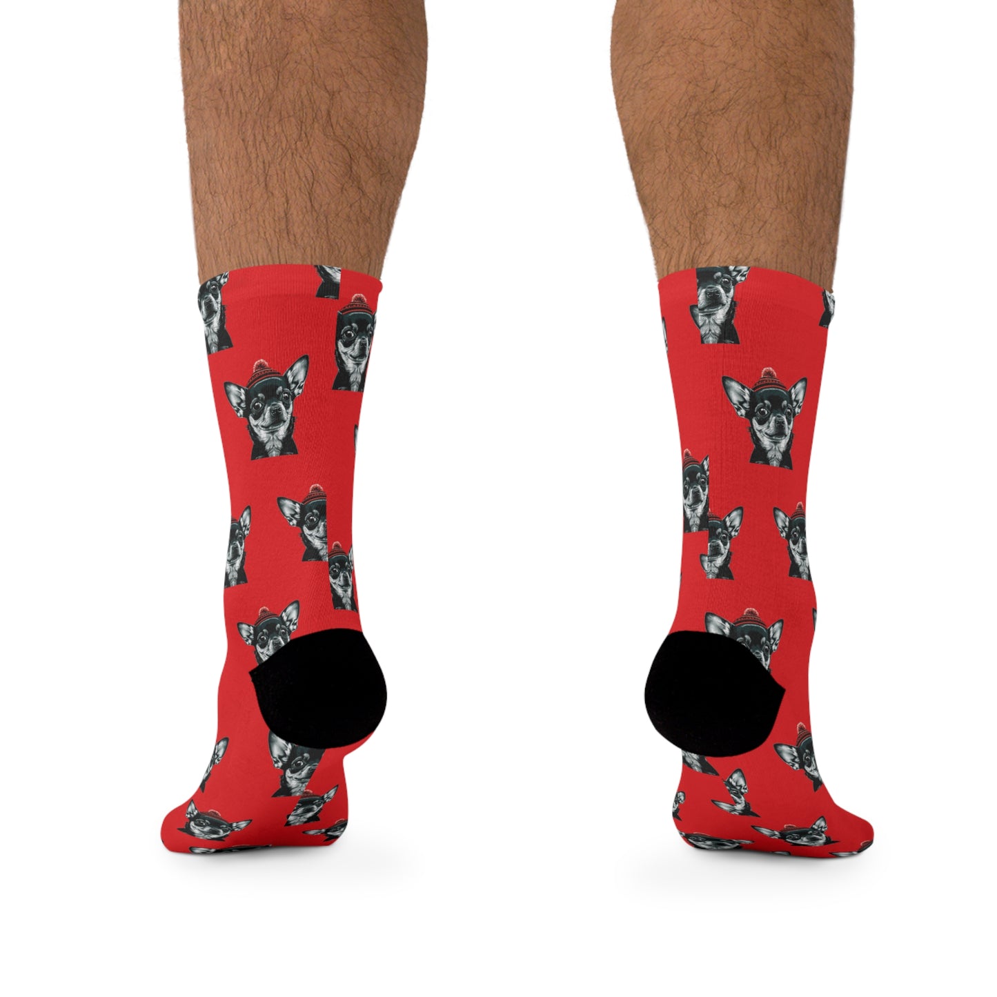  Charming Chihuahua Xmas Socks on Festive Red - Adorable holiday socks featuring a festive Chihuahua design on a cheerful red background, perfect for adding a touch of holiday cheer to your outfit.