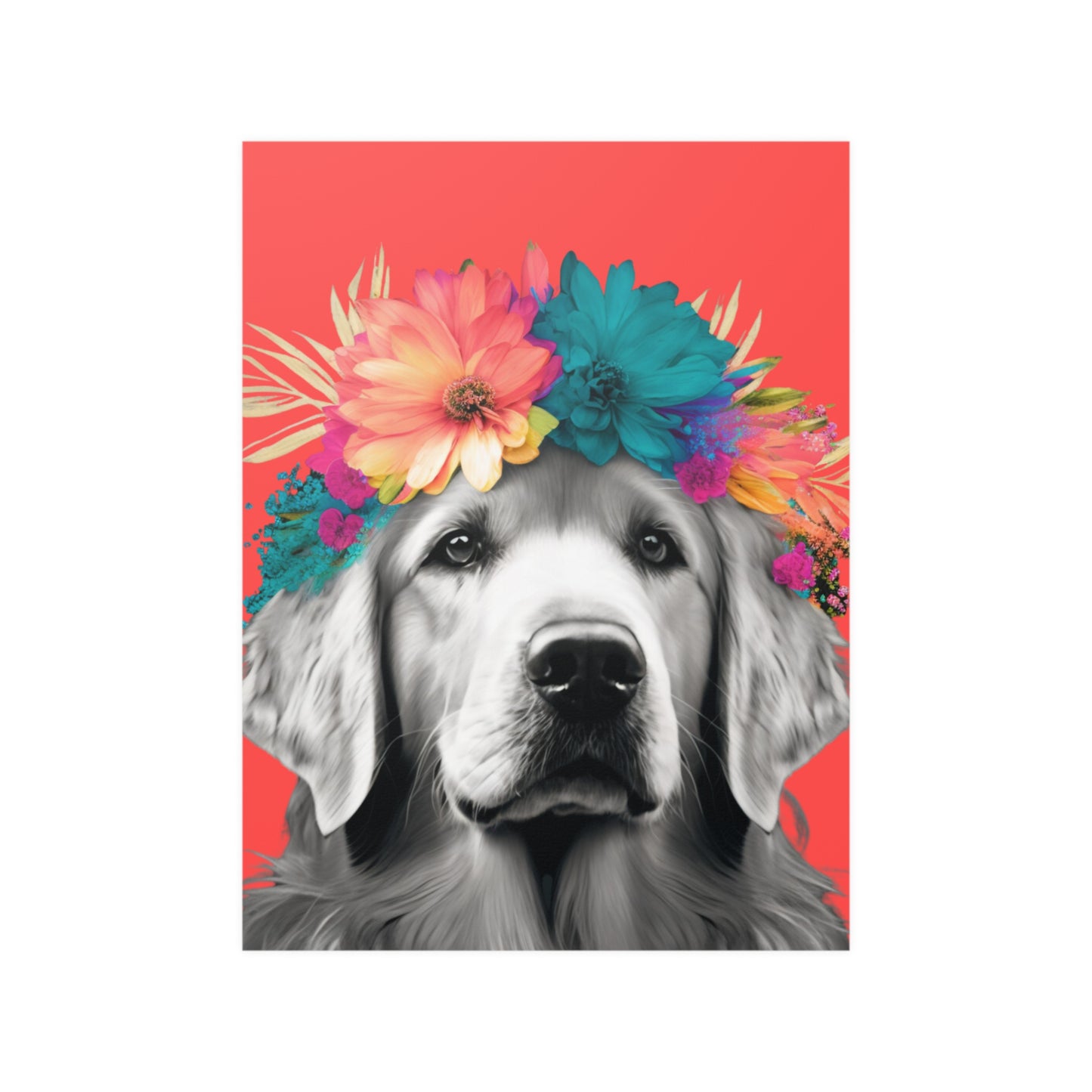 A Golden Retriever lounging amidst tropical flora on a calming coral background, embodying a serene tropical getaway in poster form.